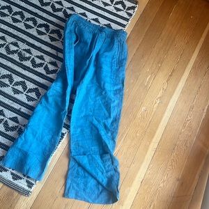 Athleta Cabo wide leg blue teal linen pants.